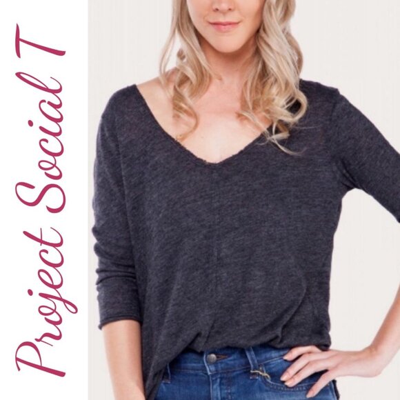 NWT PROJECT SOCIAL T DEBBIE V-NECK PLUNGE RAW EDGE RELAXED TEE, MEDIUM - Picture 13 of 13